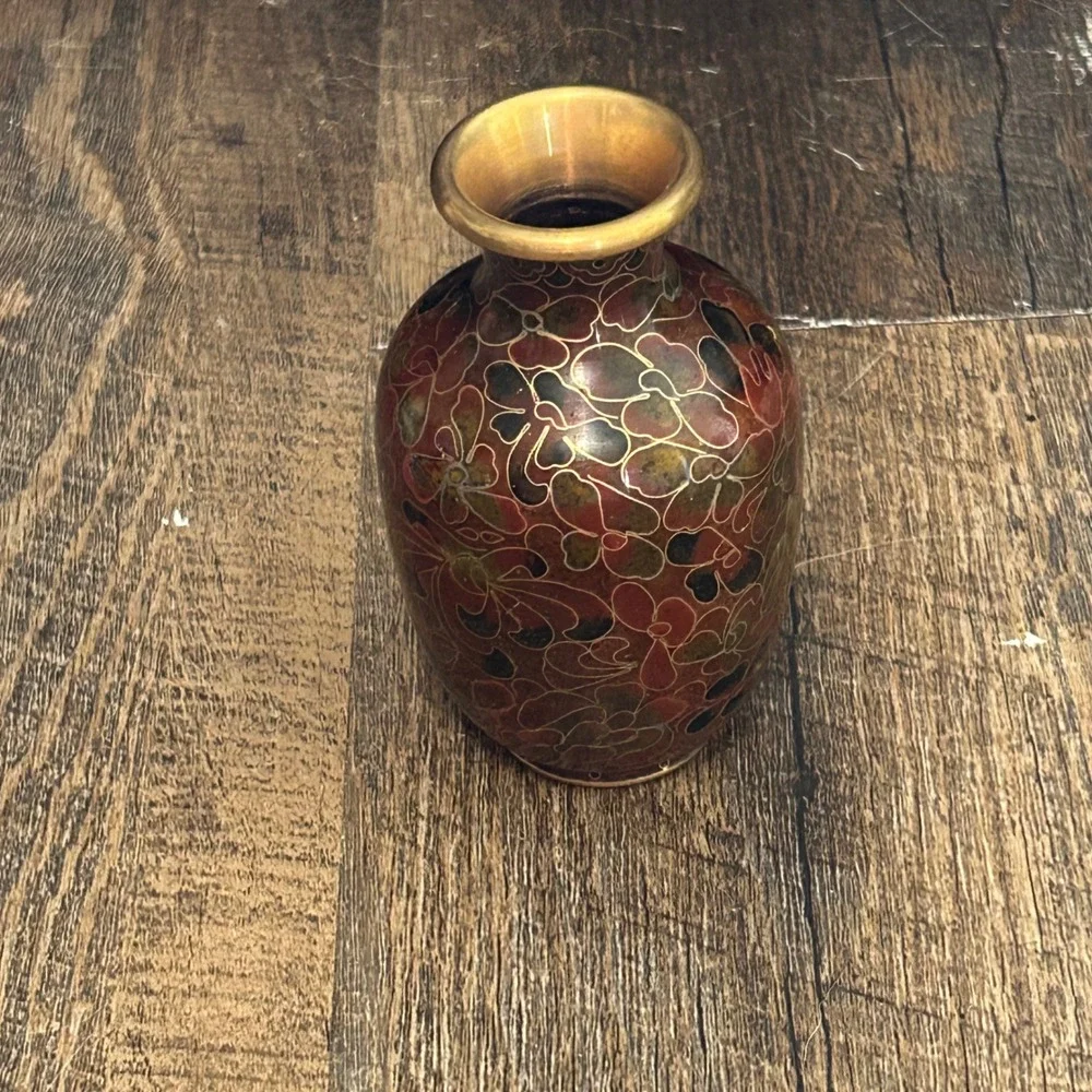 Vintage Miniature Cloisonne Floral Bud Vase Brass Enamel Rust Green 4 Inch